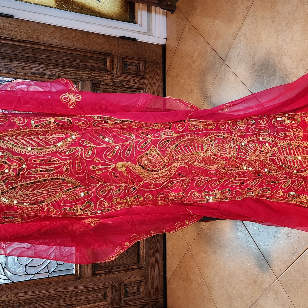 Red and Gold Sleeveless Bridal Maxi Gown